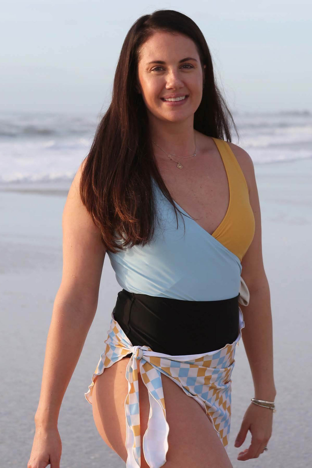 blue, yellow and black criss-cross swimsuit for women 
