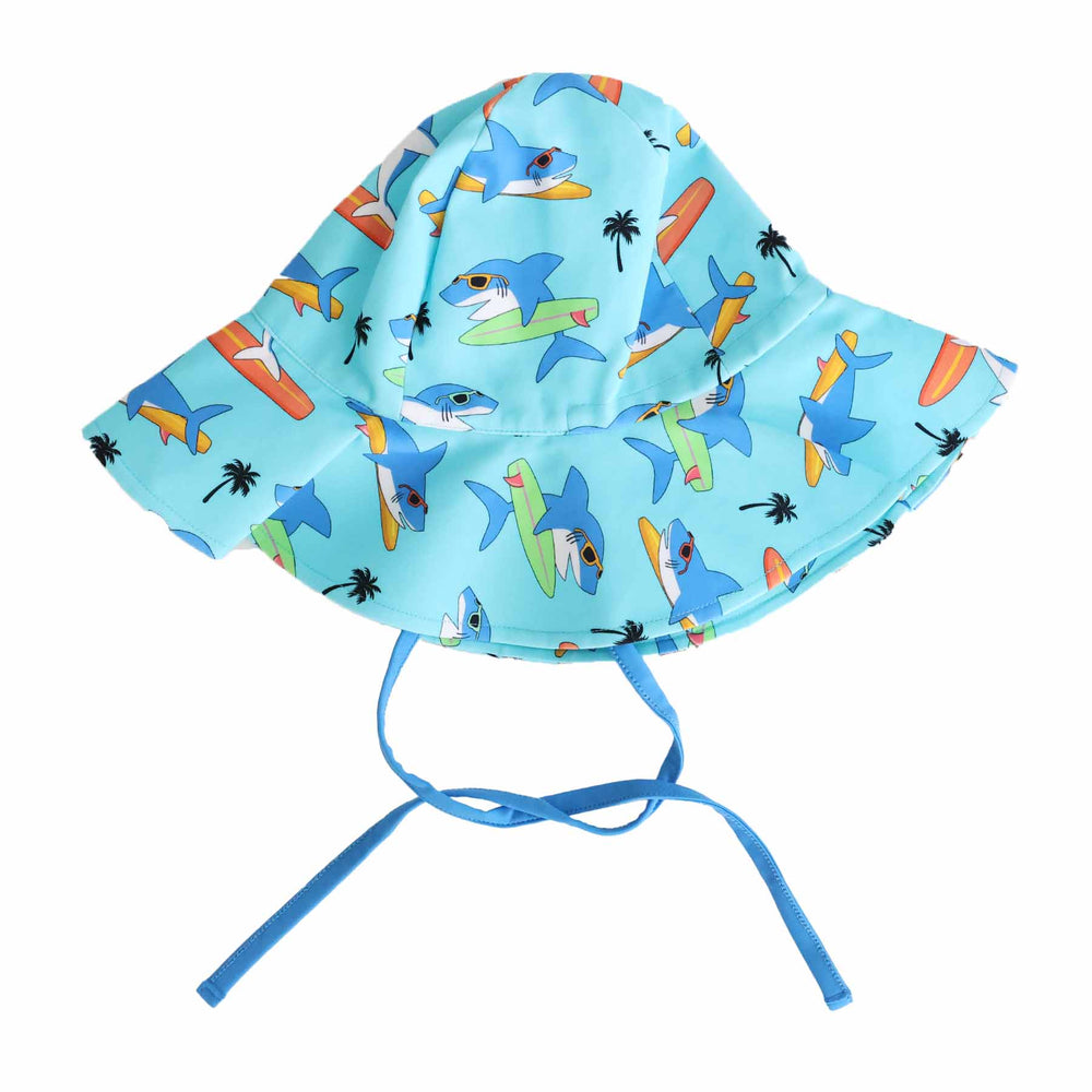 blue adjustable sun hat for kids with sharks, surf boards and palm trees print 