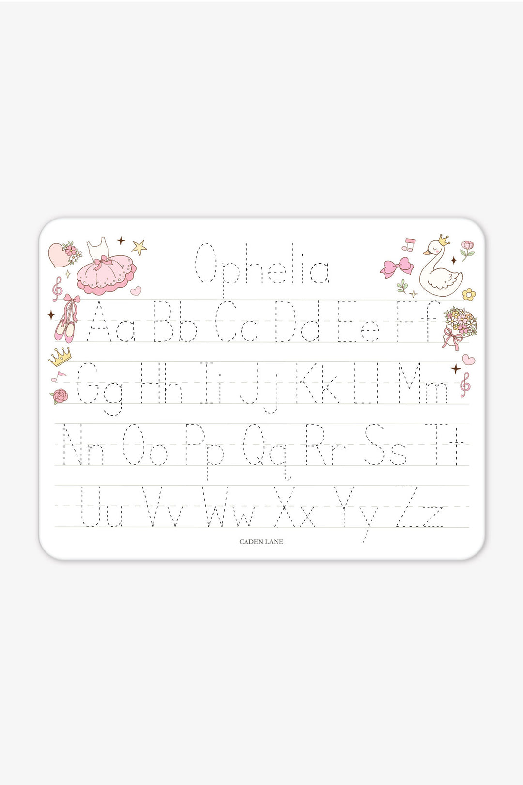 Flat lay of a personalized Caden Lane Swan Ballet alphabet whiteboard, showing ballet dress, ballet slippers, swan, and tracing letters with custom name