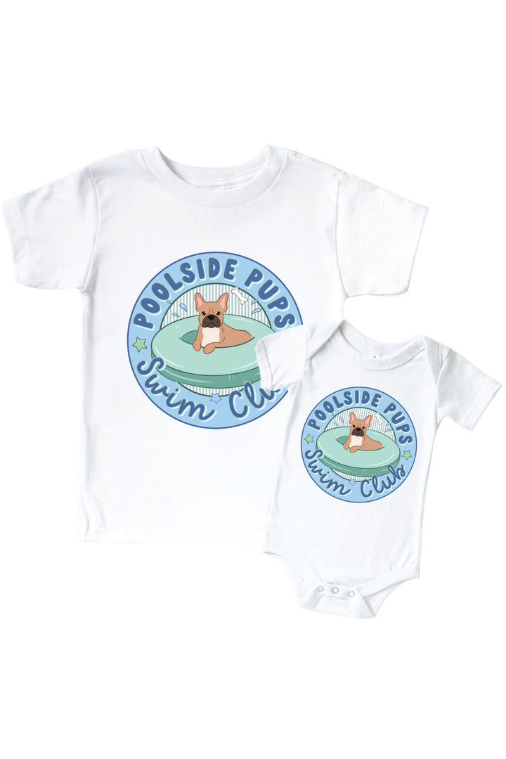 blue poolside pups graphic tee and bodysuit set