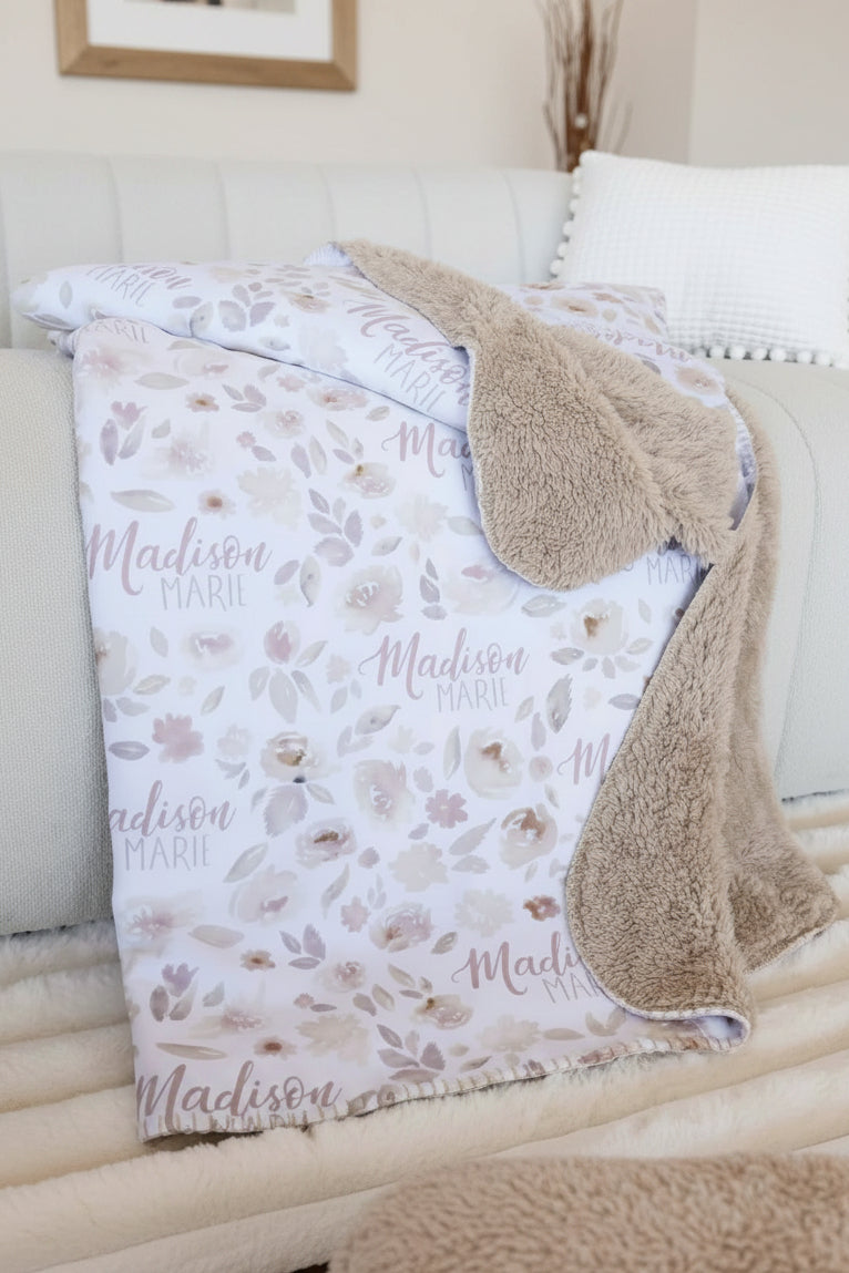 neutral floral personalized furry blanket for kids 