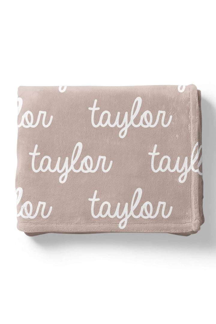 personalized taupe color blanket in script font