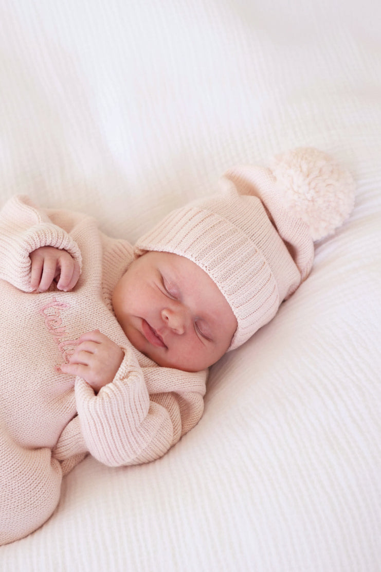 tea rose light pink pom pom sweater beanie 