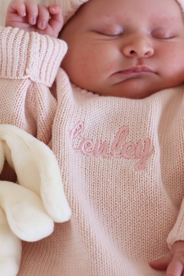 tea rose long sleeve knit sweater romper for girls with matching beanie and booties 