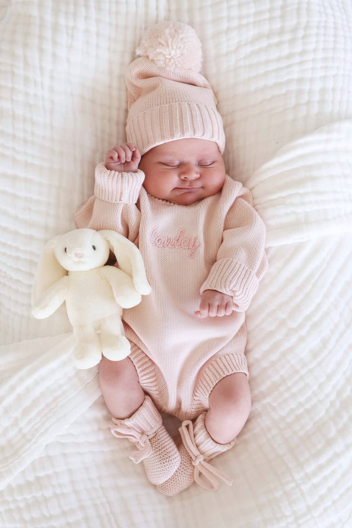 pink personalized long sleeve knit sweater romper for baby girls 