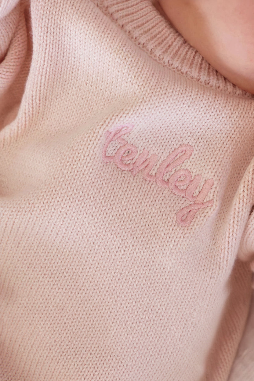 light pink thread embroidered knit sweater bubble romper 