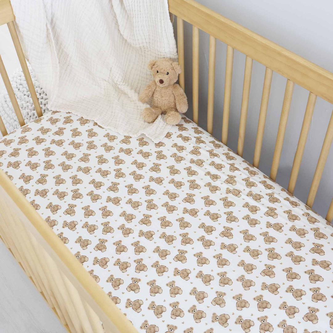 neutral teddy bear crib sheet for babies 
