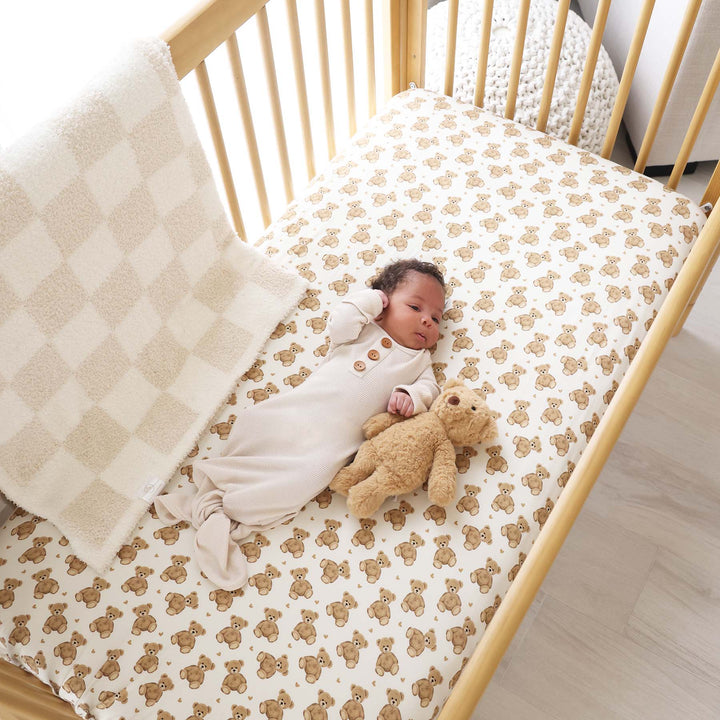 brown teddy bear and heart nursery crib sheet for babies 