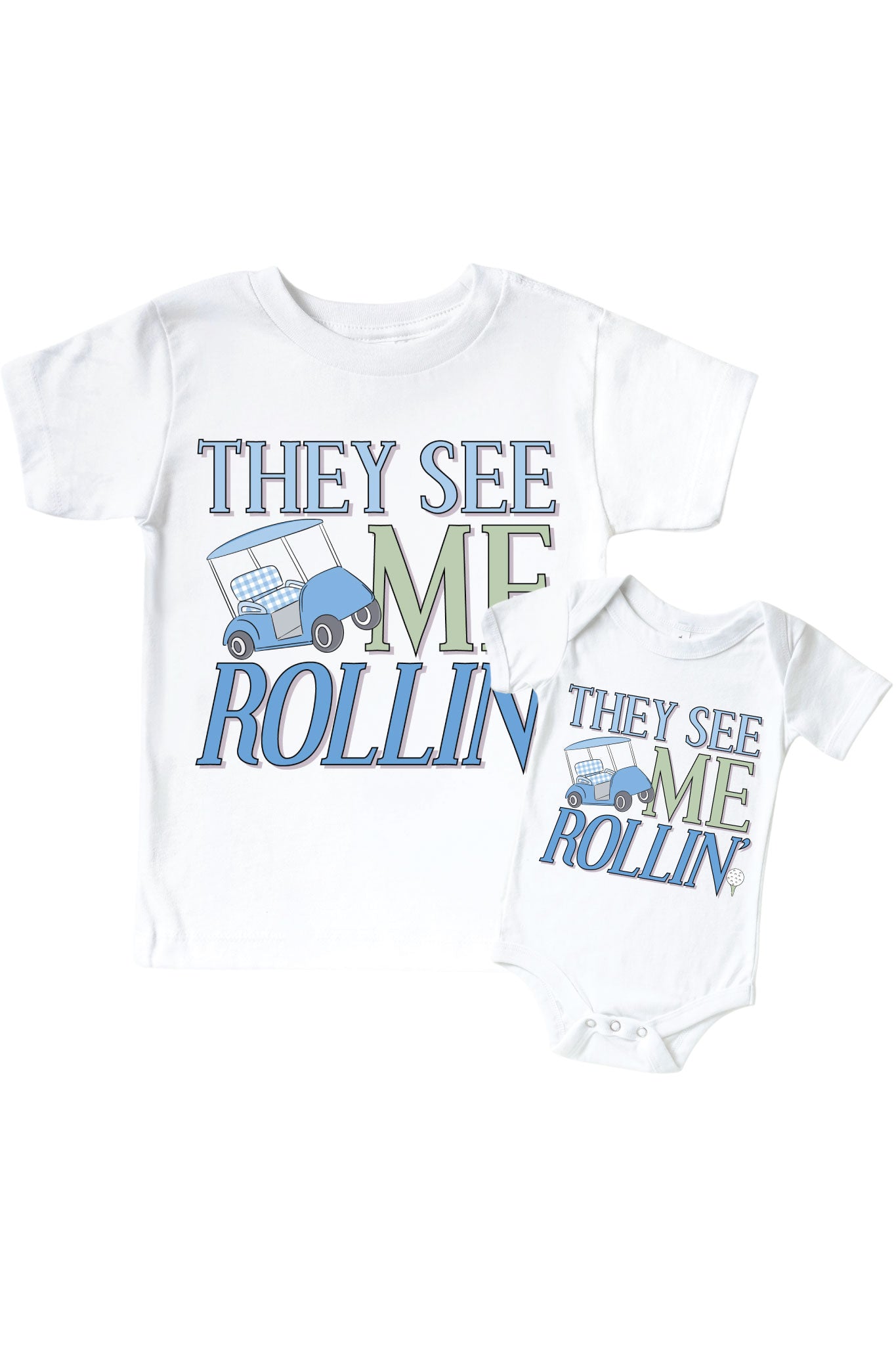 They See Me Rollin' Blue Graphic Bodysuit & Kids Tee | White