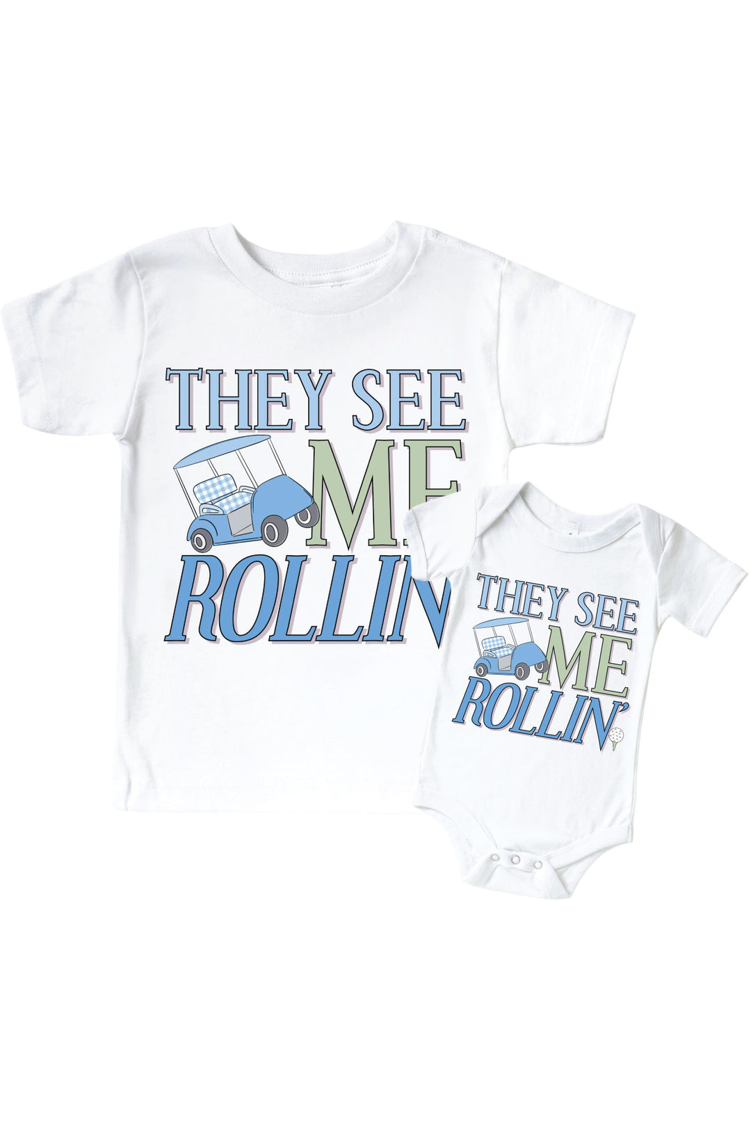 golf they see me rollin' graphic bodysuit and kids tee set in white with blue print, caddie crew collection