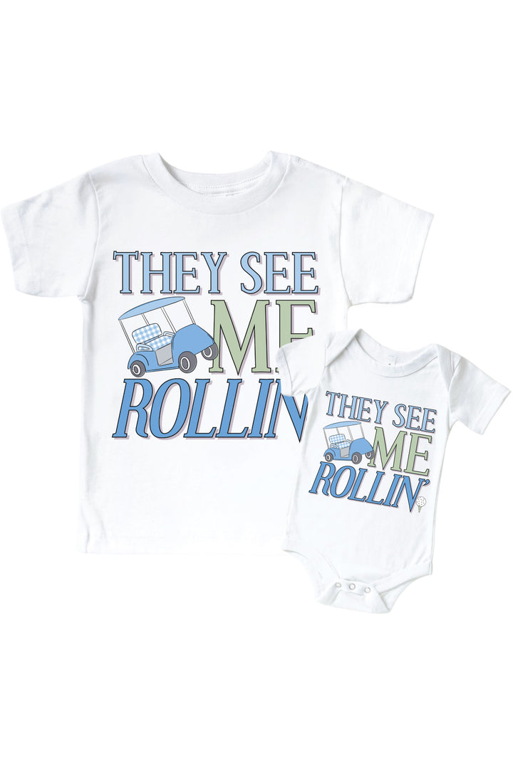golf they see me rollin' graphic bodysuit and kids tee set in white with blue print, caddie crew collection