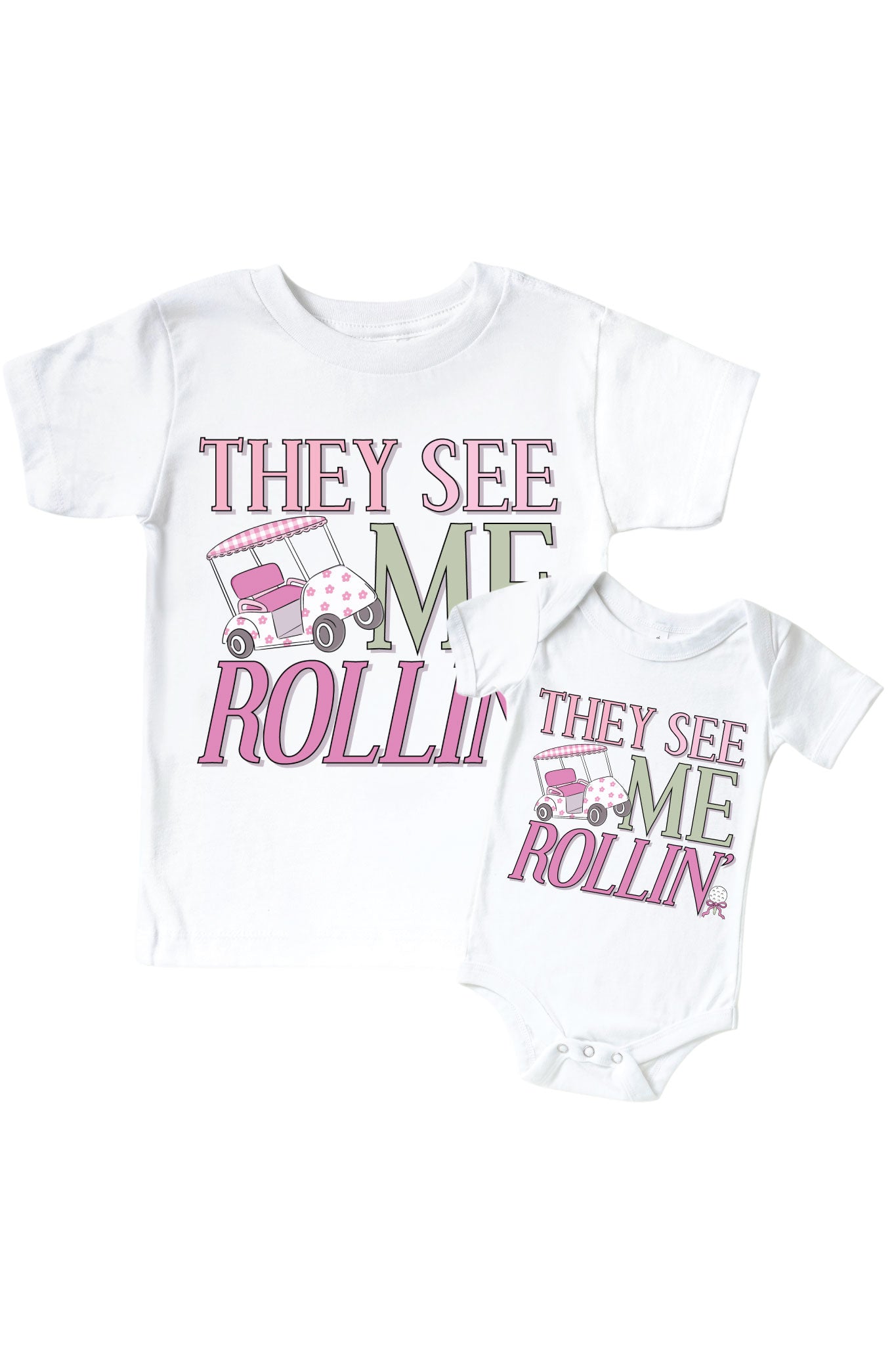 They See Me Rollin' Pink Graphic Bodysuit & Kids Tee | White