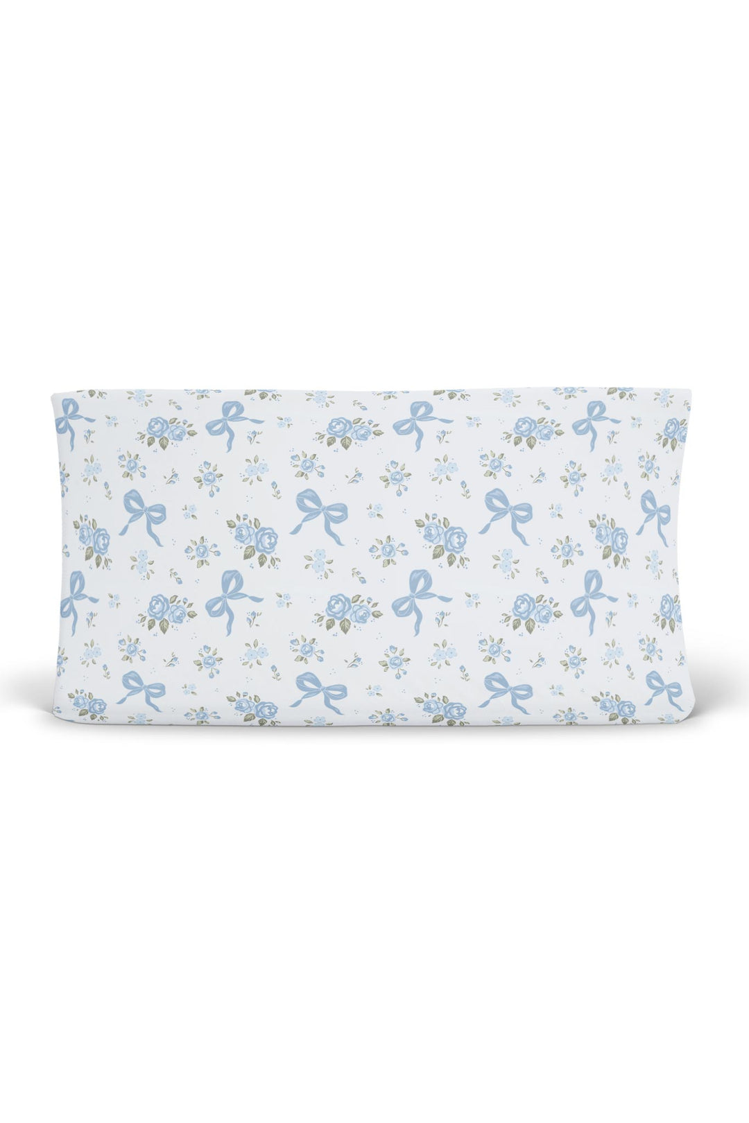 Tied In Blooms changing pad cover in blue floral and bow print on a padded changing mat