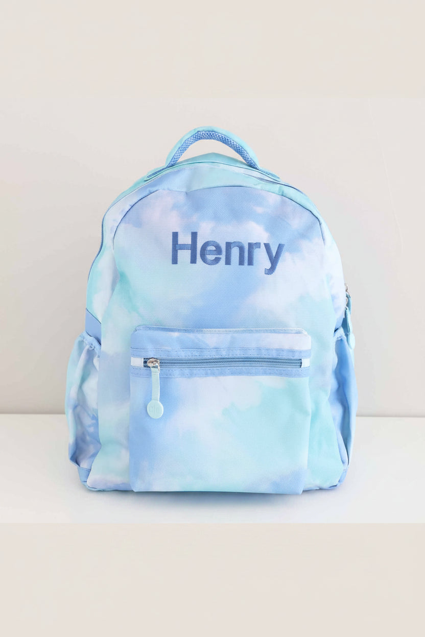 blue and green tie dye embroidered backpack for boys with light blue thread 