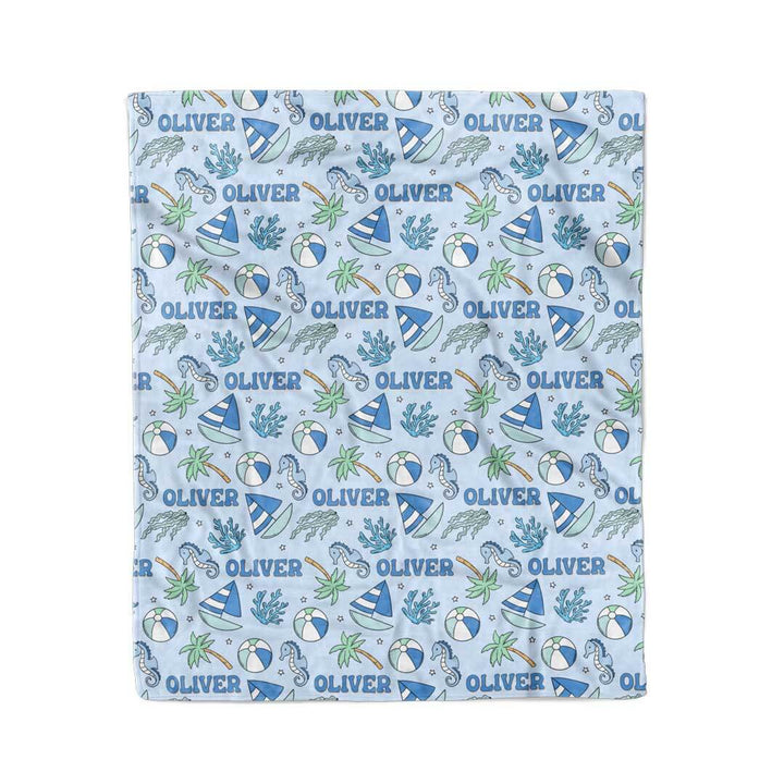 blue beach themed personalized blanket for boys 