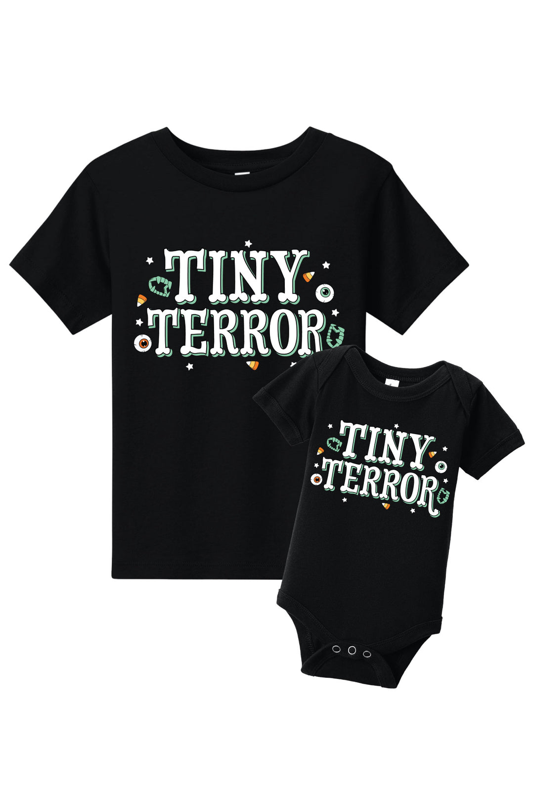 Black t-shirt and baby bodysuit with 'Tiny Terror' text on a white background