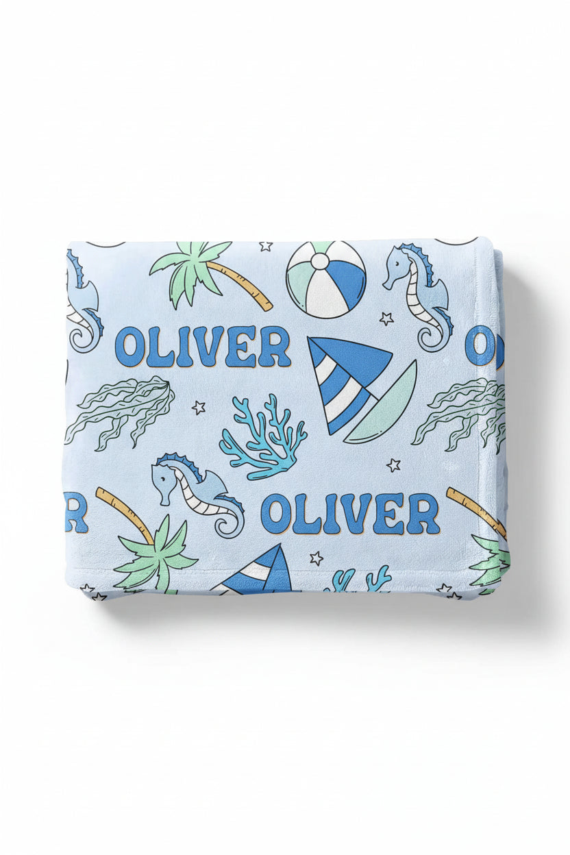 personalized kids blanket tiny tides blue 