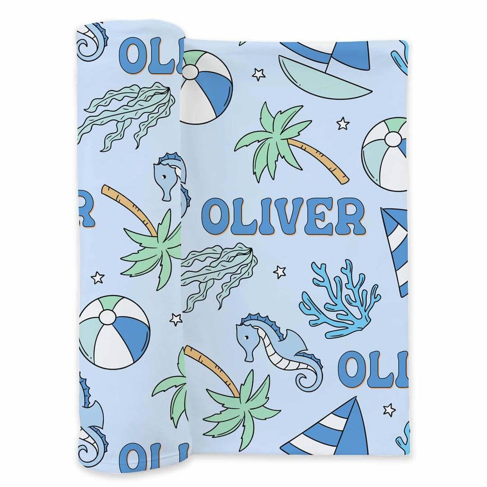 blue beach personalized swaddle blanket for boys 