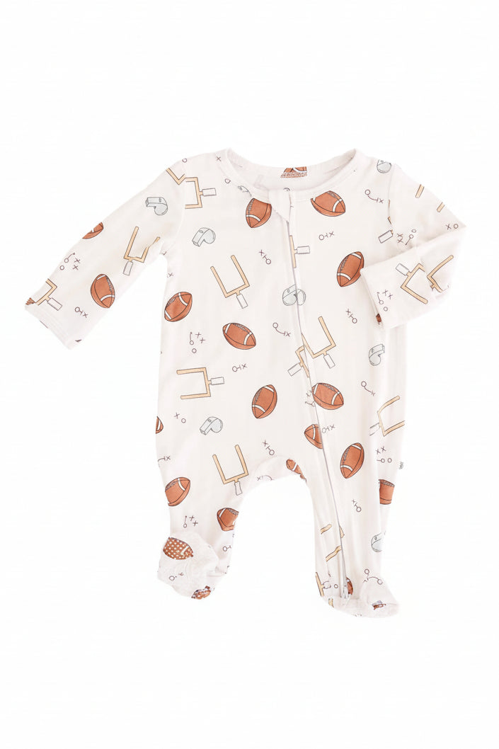 tiny touchdowns bamboo zipper footie 