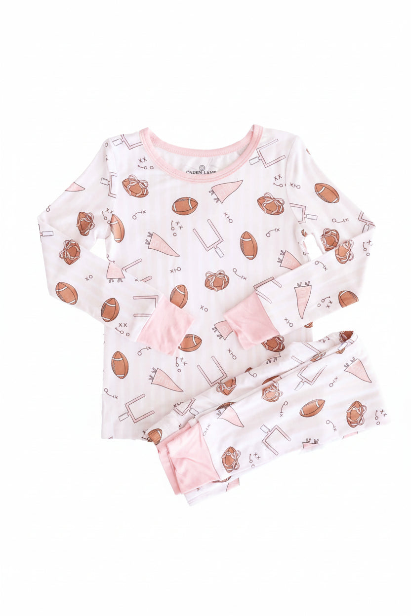pink football two piece pajama set for girls 