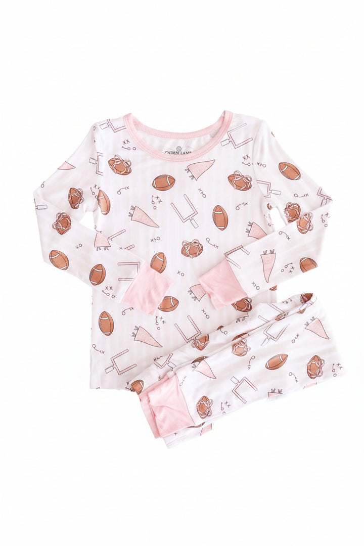 pink football two piece pajama set for girls 