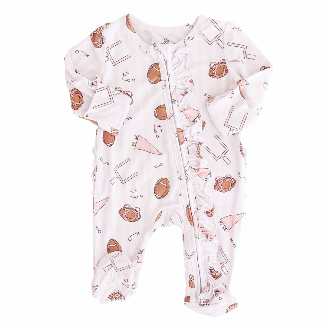 tiny touchdowns pink zipper ruffle footie pajama for girls 