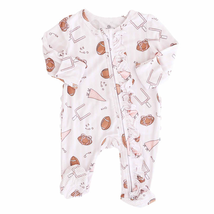 tiny touchdowns pink zipper ruffle footie pajama for girls 