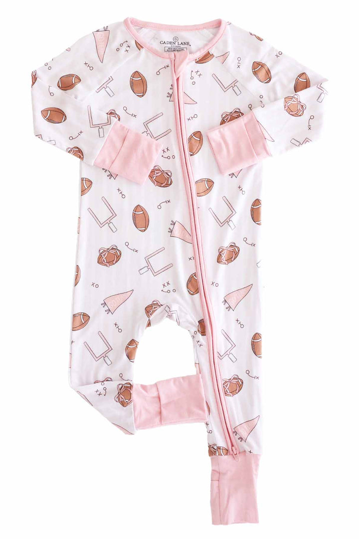girly pink football convertible zip romper pajama 