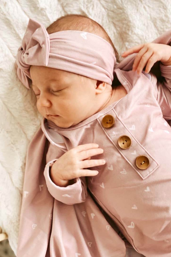 tiny hearts in dusty pink newborn baby knot gown and hat set 