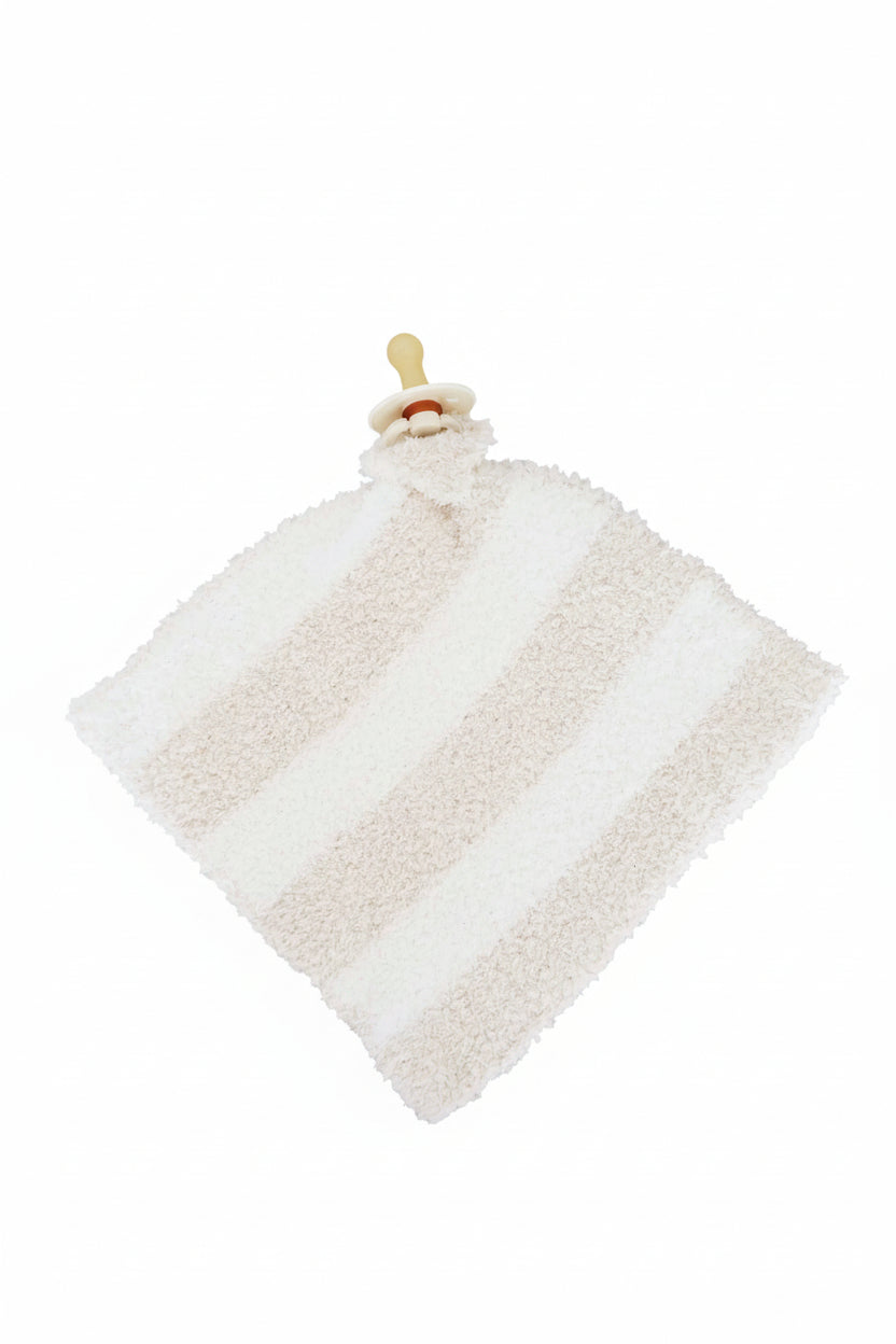beige and white stripe microfiber lovey for babies attached to a neutral pacifier 
