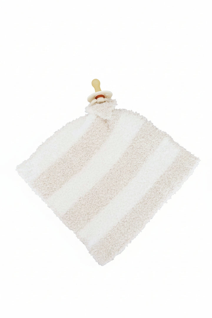 beige and white stripe microfiber lovey for babies attached to a neutral pacifier 