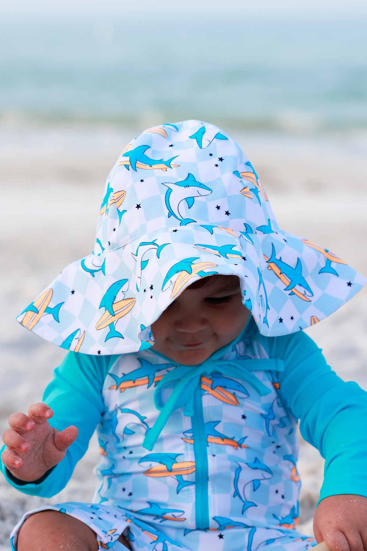surfing shark checkered sun hat for baby and toddler boys 