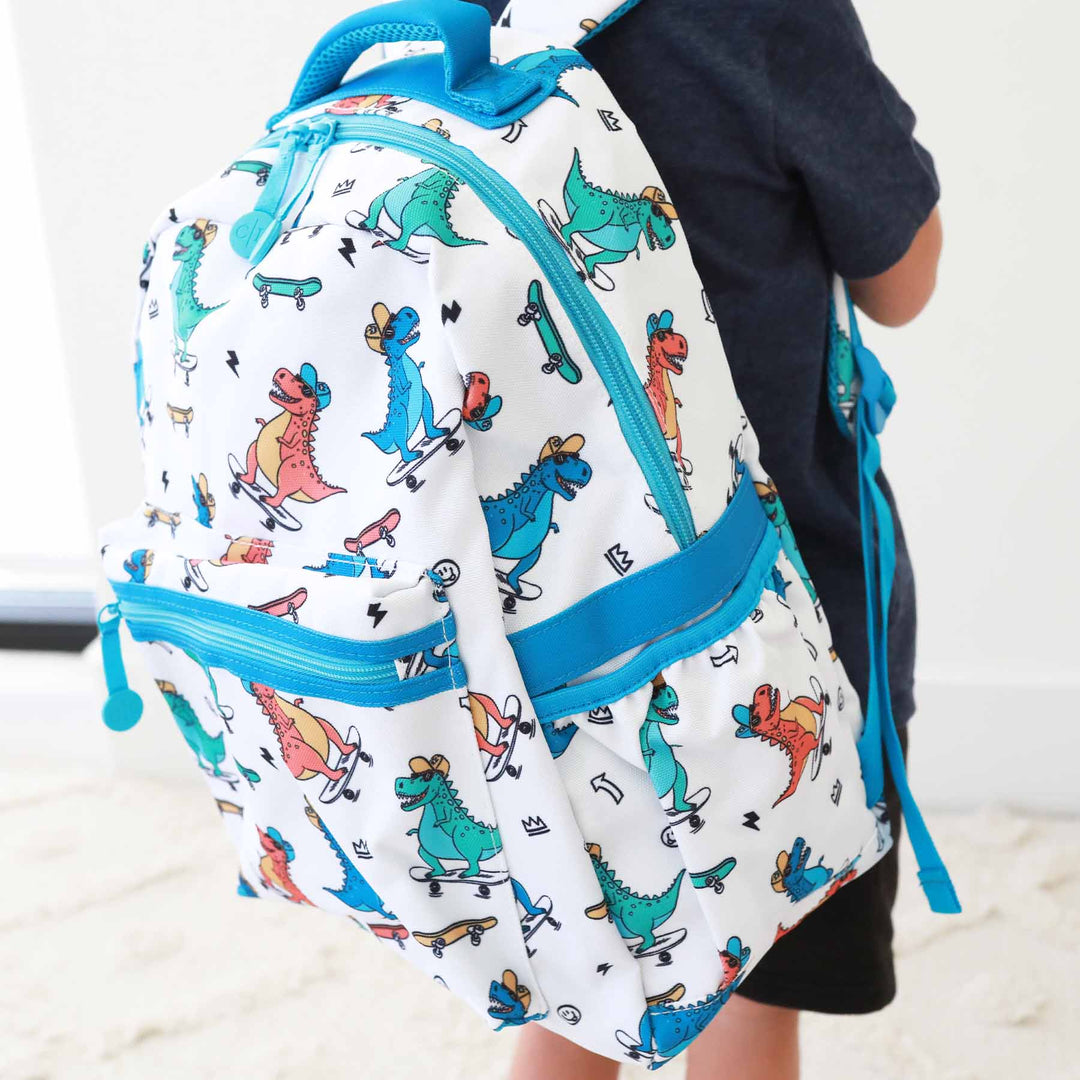 blue, orange and white skateboarding dinosaur backpack for boys back to school