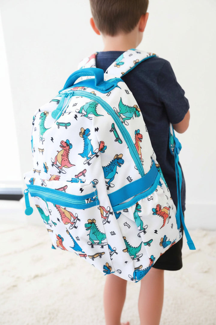 kids back to school backpack with colorful t-rexs