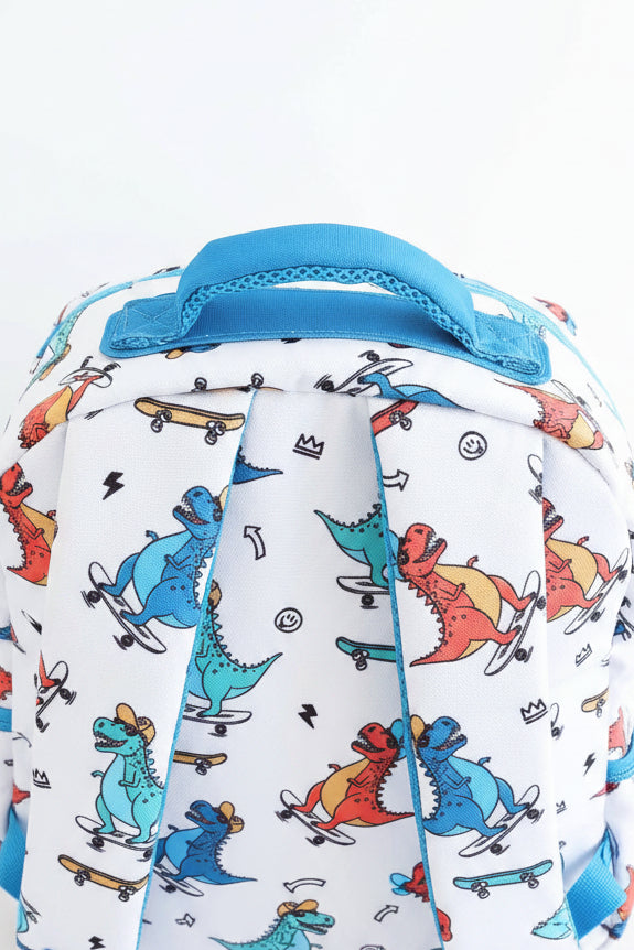 blue and orange t-rex school backpack for boys 