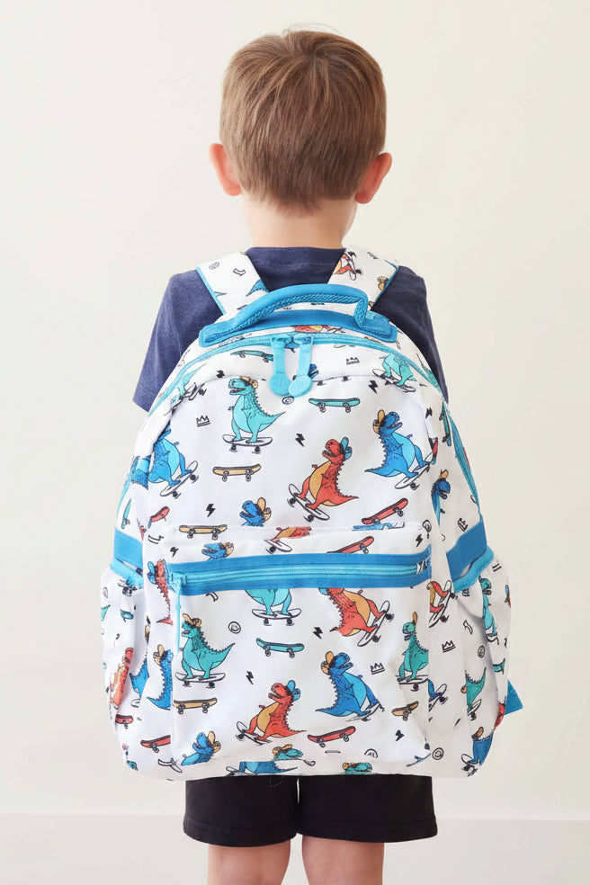 blue and orange dinosaur with hat skateboarding backpack