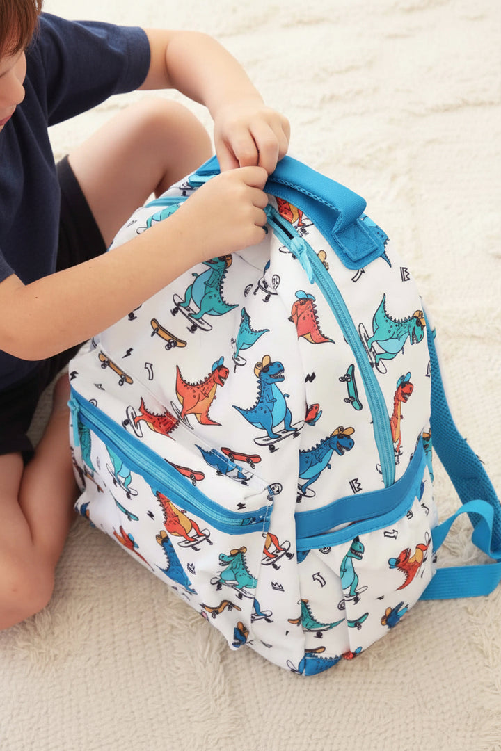 blue zipper skateboarding dinosaur backpack for boys back to school