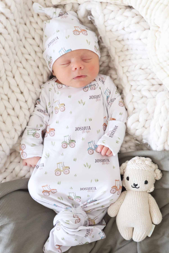 tractor personalized knot gown for babies 