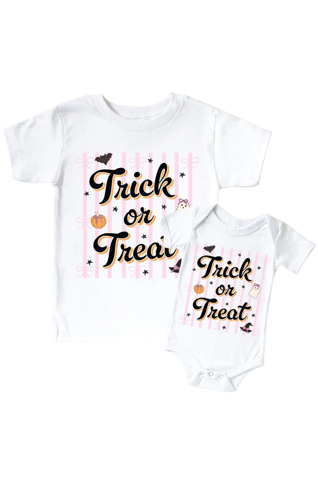 Matching white kids' t-shirt and baby bodysuit, both printed with 'Trick or Treat' text on pink stripes with pumpkin and bat accents.