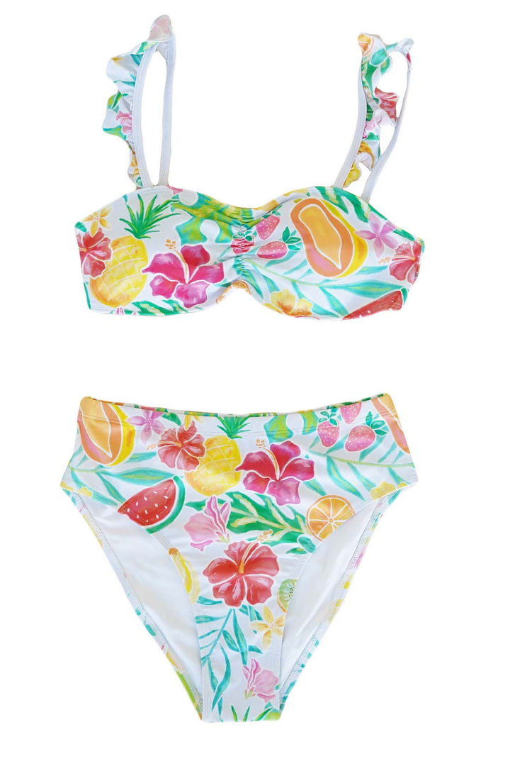 high waisted bikini with fruit and flowers