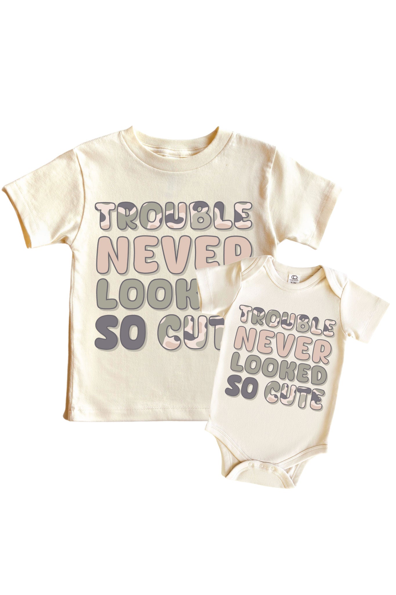 Cute Trouble Graphic Bodysuit & Kids Tee | Natural