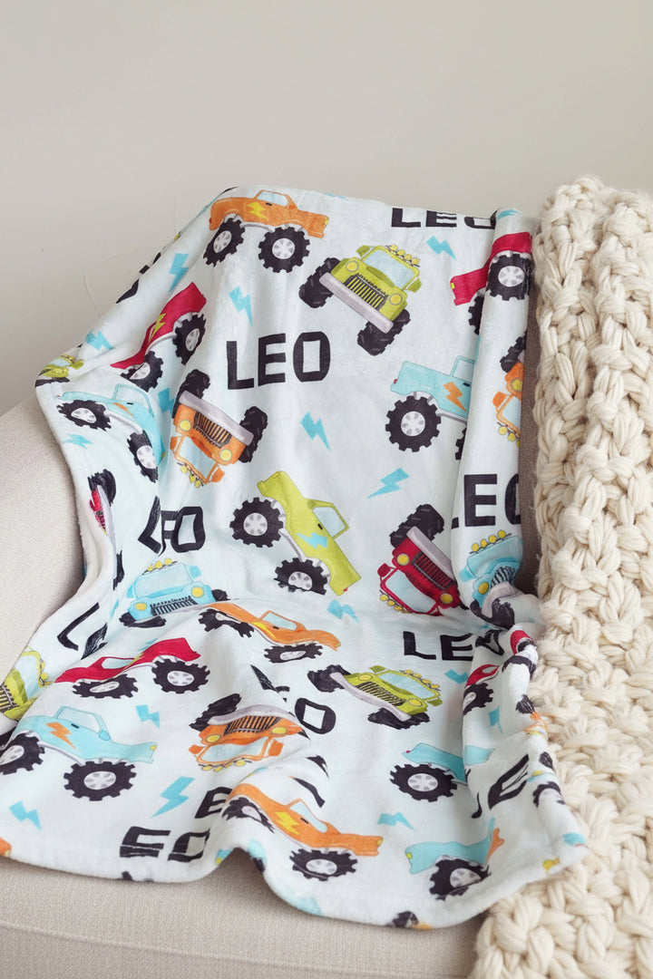 monster truck personalized blanket for kids 