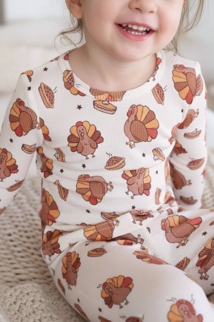 Caden Lane turkey treats thanksgiving bamboo waffle two piece pajama set for kids 
