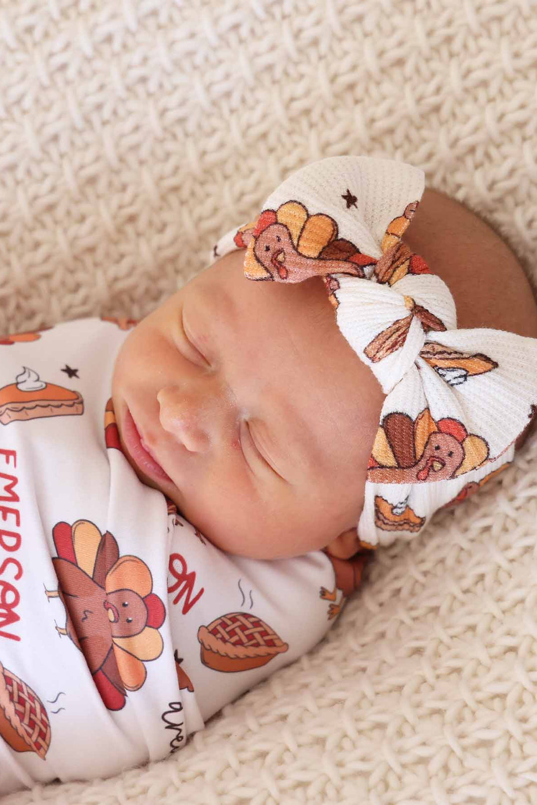 Caden Lane cream bamboo waffle headwrap for babies with turkeys and pies 