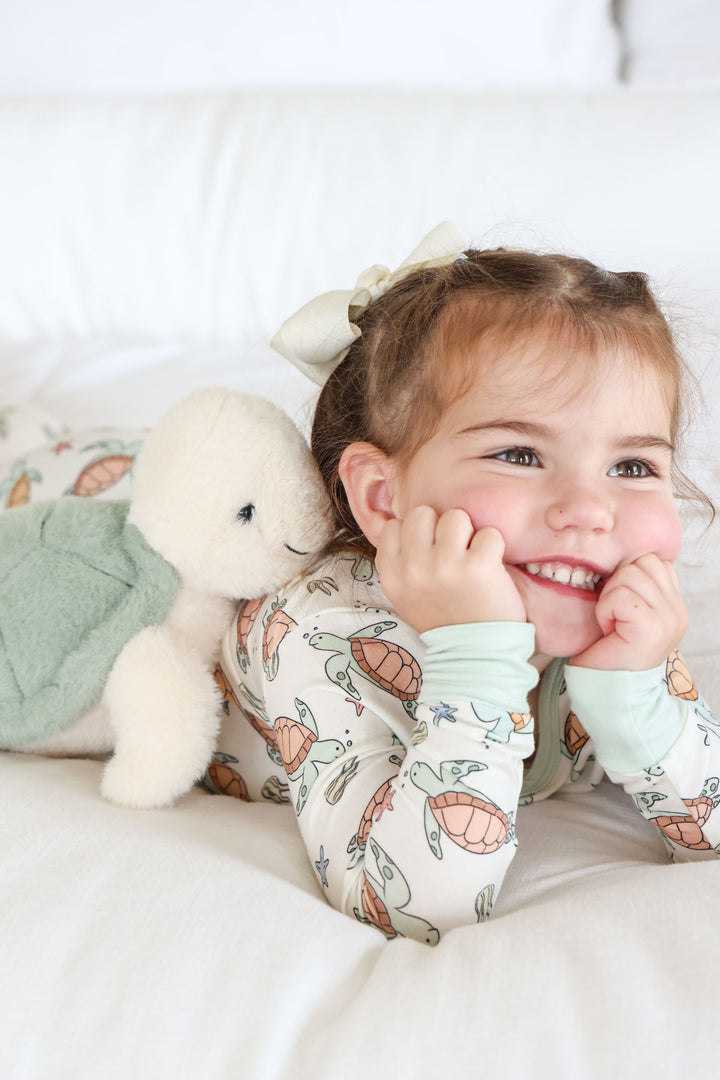 turtle print detail on bamboo – soft and breathable baby sleepwear fabric