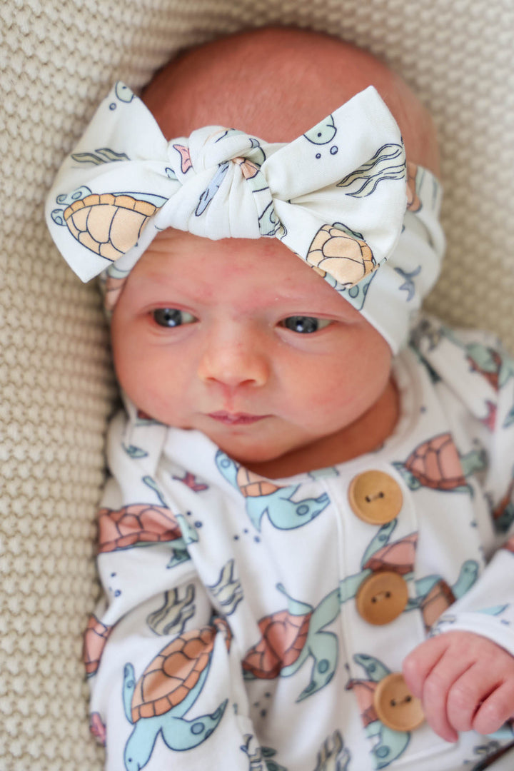 turtle print detail on bamboo – soft and breathable baby sleepwear fabric