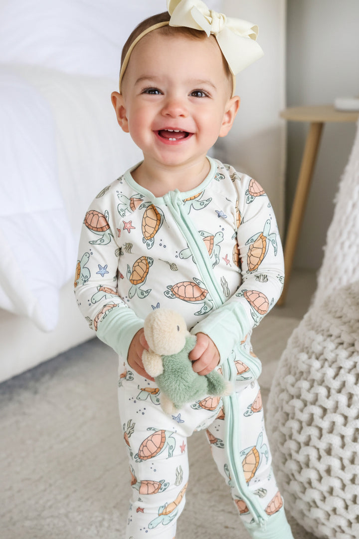 turtley rad convertible zip romper in bamboo with turtle print for newborns