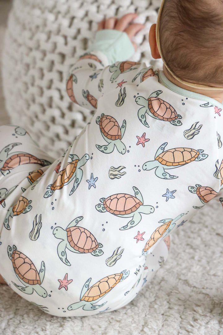 detail of turtley rad collection bamboo fabric texture with turtle print