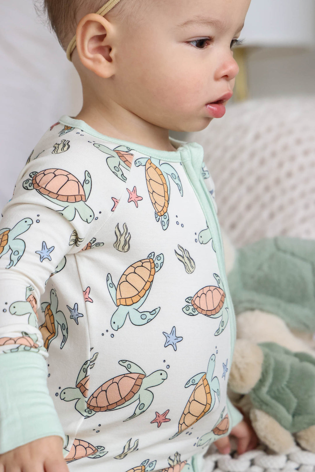 turtle print detail on bamboo – soft and breathable baby sleepwear fabric