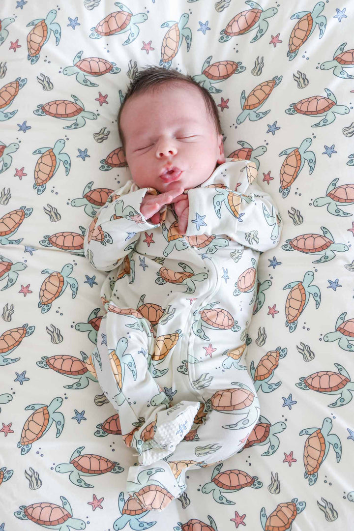 turtle print detail on bamboo – soft and breathable baby sleepwear fabric